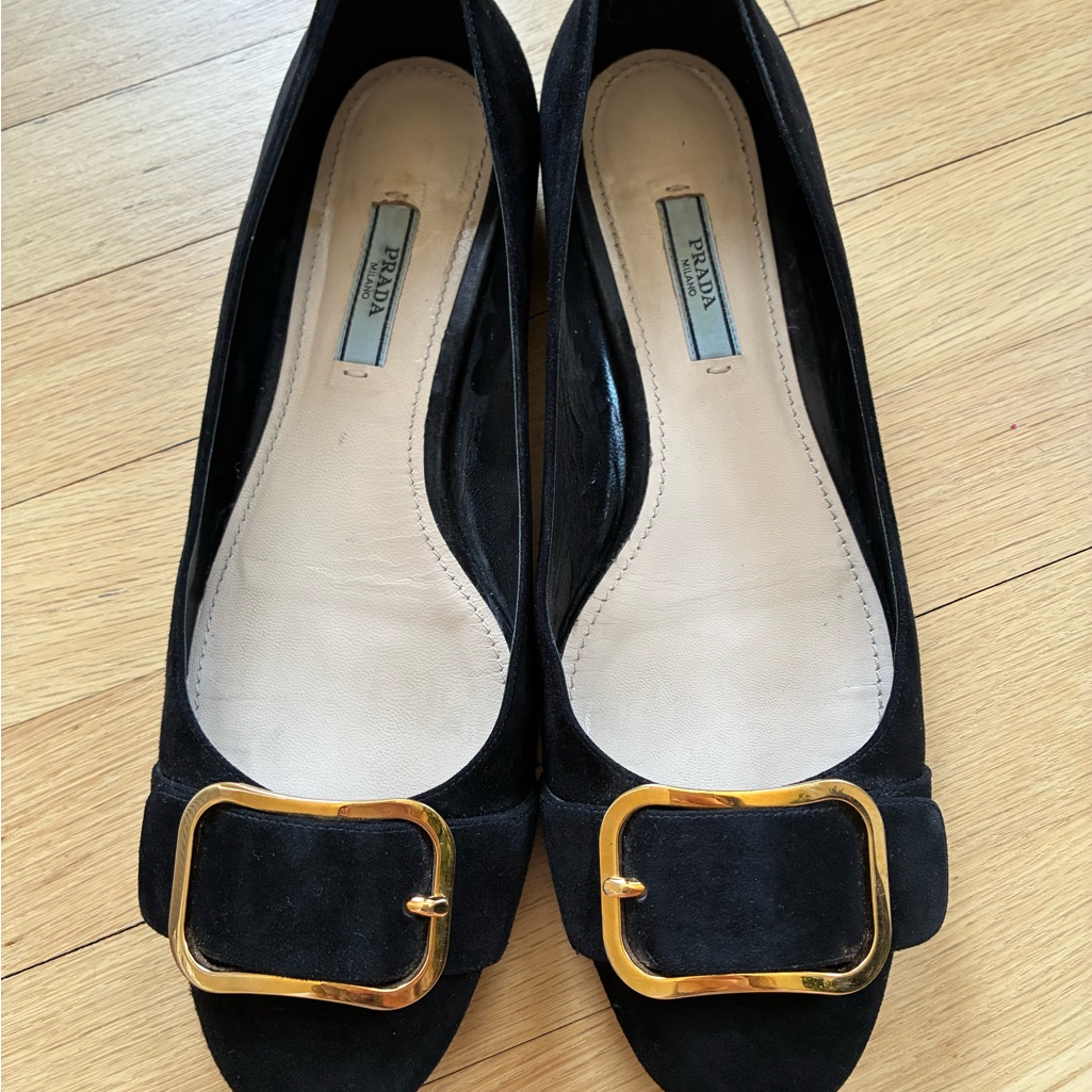 Prada Black Suede Flats With Gold Buckle